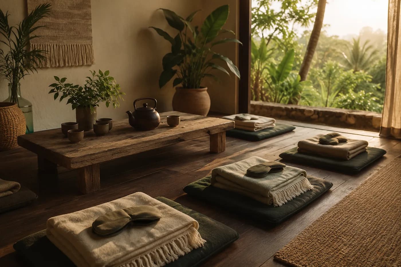A calm, daylit preparation room with floor cushions, blankets, and herbal tea